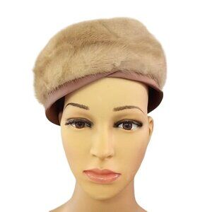 Vintage Blonde Mink Pillbox Hat Golden Tan Satin Trim w/Original Box Winkleman's